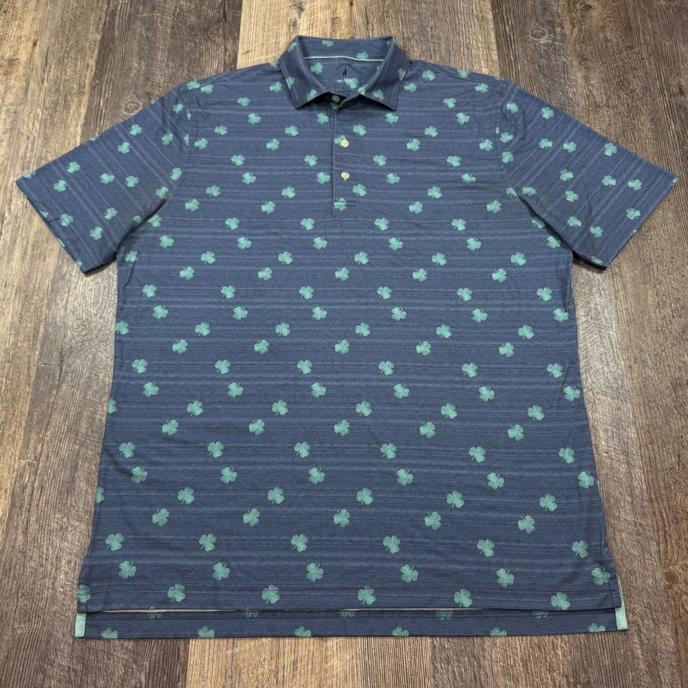 Johnnie-O Polo Shirt Mens Large Blue Green Shamrock Top Shelf Golf Clover UPF50